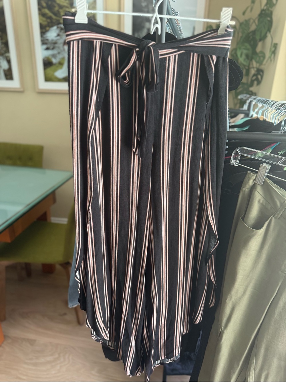 Black Striped Tie-Waist Wide Leg Flowy Pants